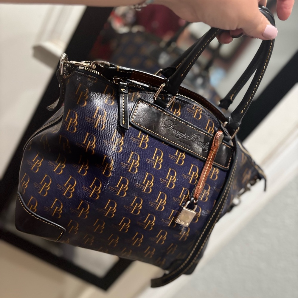 Dooney Bourke Monogram Pattern Navy and Brown Satchel Handbag - Picture 8 of 15